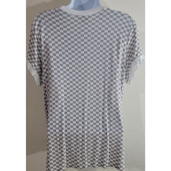 Justify Tan White Checkered Women's Top Large Short Sleeves Round Neck Stretchy - Picture 3 of 4